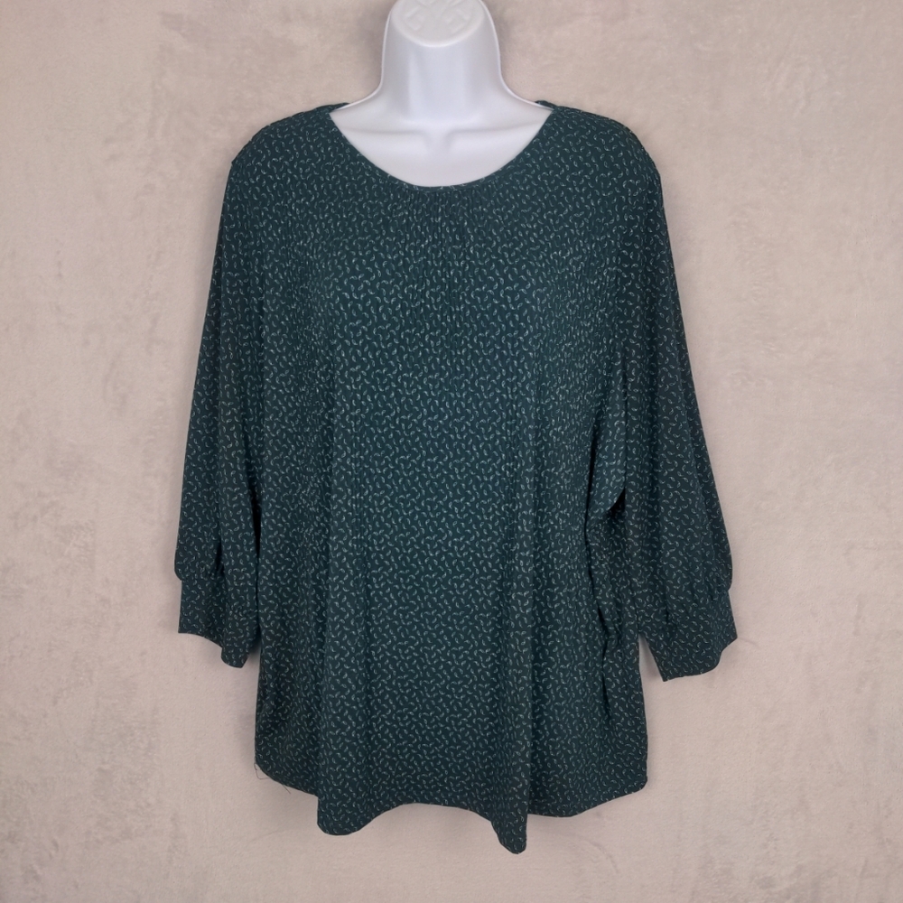 Adrianna Papell Blouse Women 2X Green Paisley 3/4 Sleeve Stretch Flowy Mature